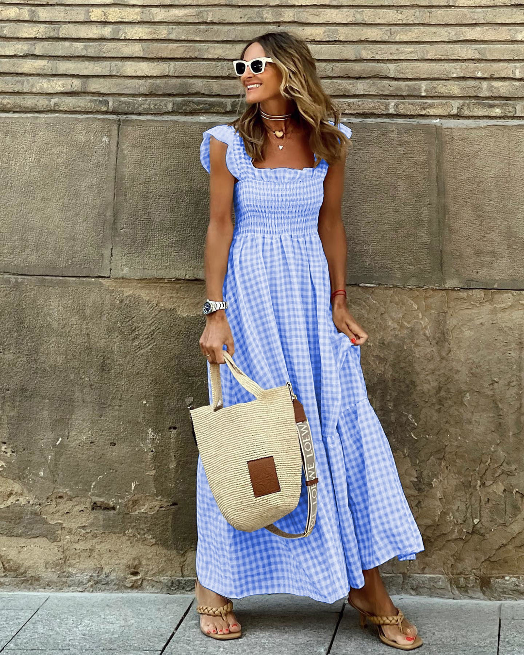 NANCY™ - Chic Retro Plaid Smocked Dress