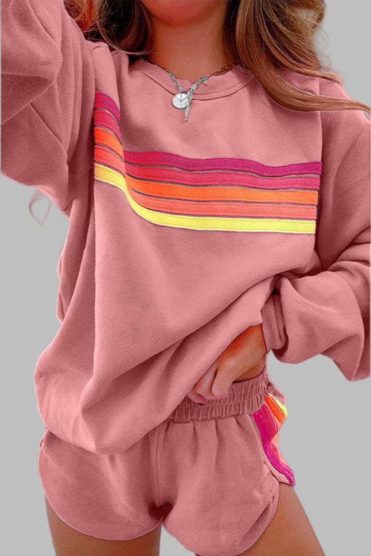 JOVIE™ - Comfy Striped Crew Neck Top and Shorts Pajama Set