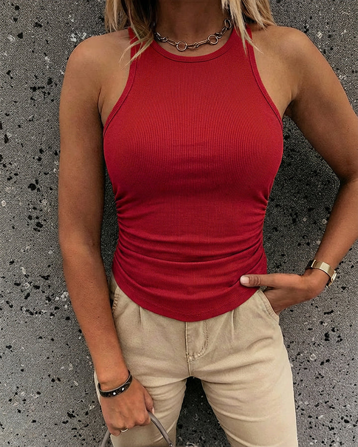 Round Neck Sleeveless Side Ruched Tank Slim Fit Ribbed Racerback Tank Top