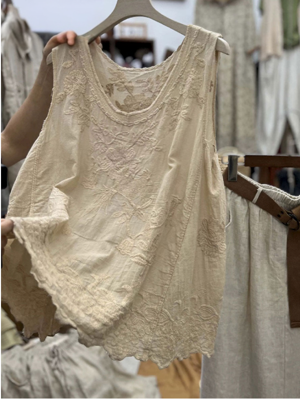 Women’s Vintage Lace Cotton Linen Vest Top – Sleeveless Summer Boho Tank