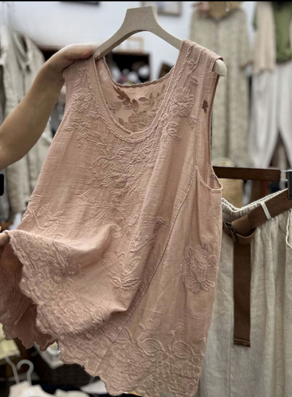 Women’s Vintage Lace Cotton Linen Vest Top – Sleeveless Summer Boho Tank