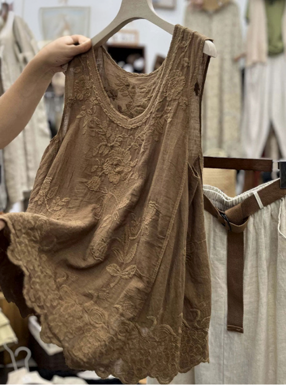 Women’s Vintage Lace Cotton Linen Vest Top – Sleeveless Summer Boho Tank