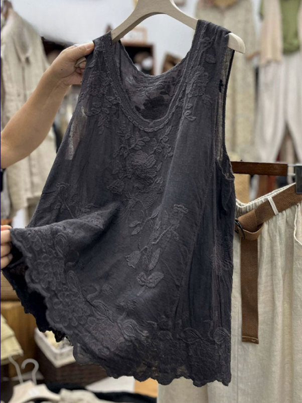 Women’s Vintage Lace Cotton Linen Vest Top – Sleeveless Summer Boho Tank