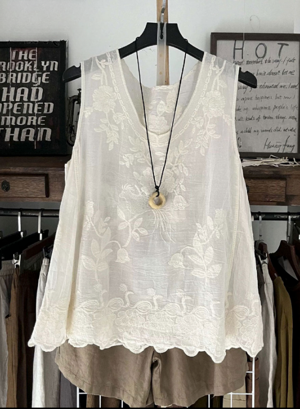Women’s Vintage Lace Cotton Linen Vest Top – Sleeveless Summer Boho Tank