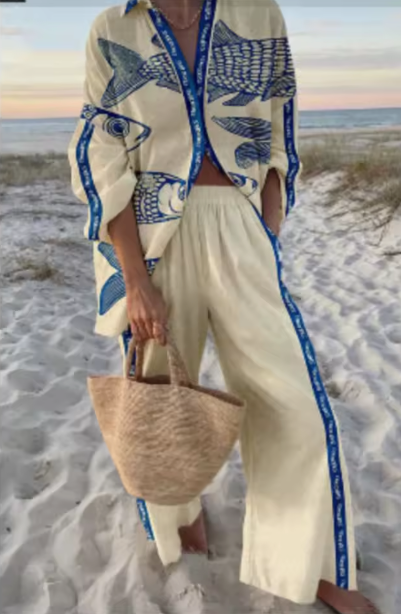 Sardine Print Checkerboard Resort Pant Set