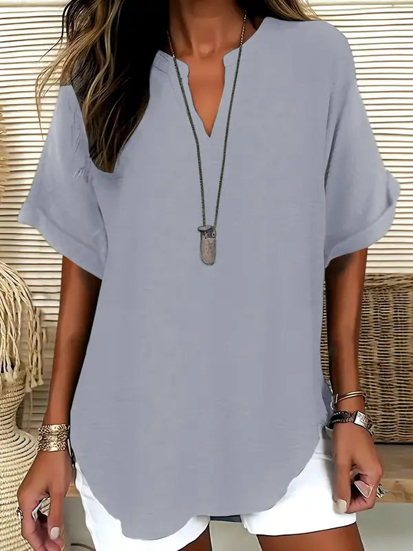 SEREIA™ - Casual Plain Short Sleeve Blouse