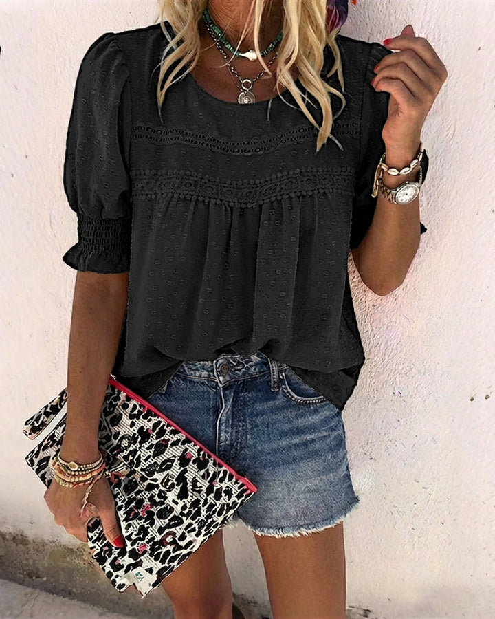 Puff Sleeve Hollow-out Lace Spliced 3D Jacquard Blouse Casual Shirred Cuffs Loose Fit Top