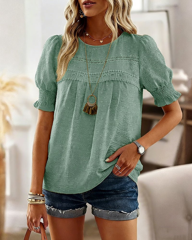 Puff Sleeve Hollow-out Lace Spliced 3D Jacquard Blouse Casual Shirred Cuffs Loose Fit Top
