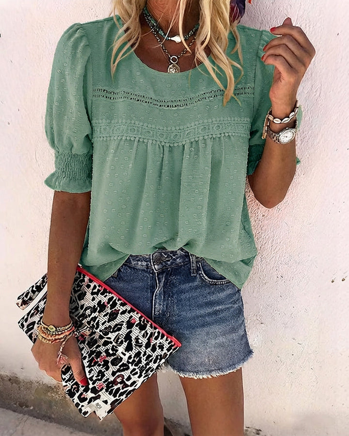 Puff Sleeve Hollow-out Lace Spliced 3D Jacquard Blouse Casual Shirred Cuffs Loose Fit Top