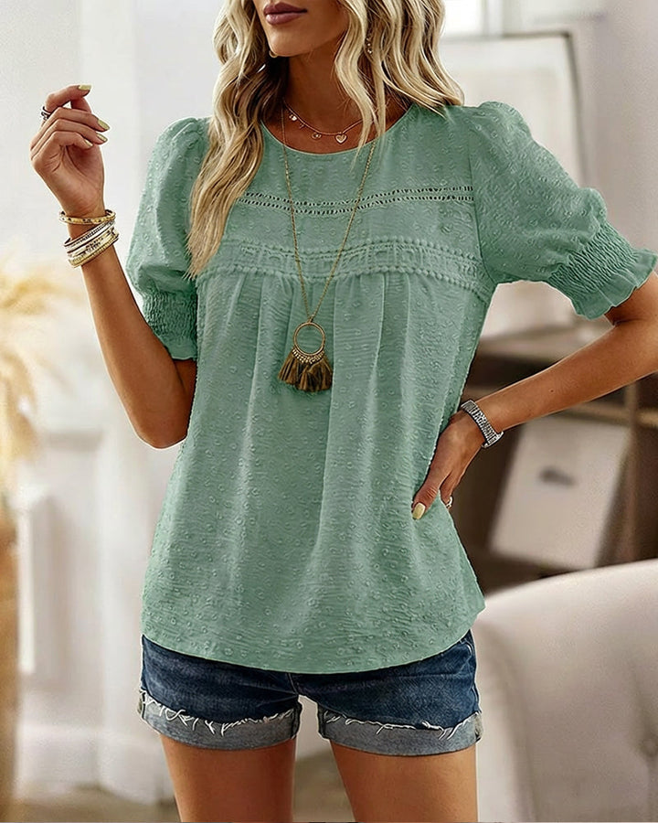 Puff Sleeve Hollow-out Lace Spliced 3D Jacquard Blouse Casual Shirred Cuffs Loose Fit Top