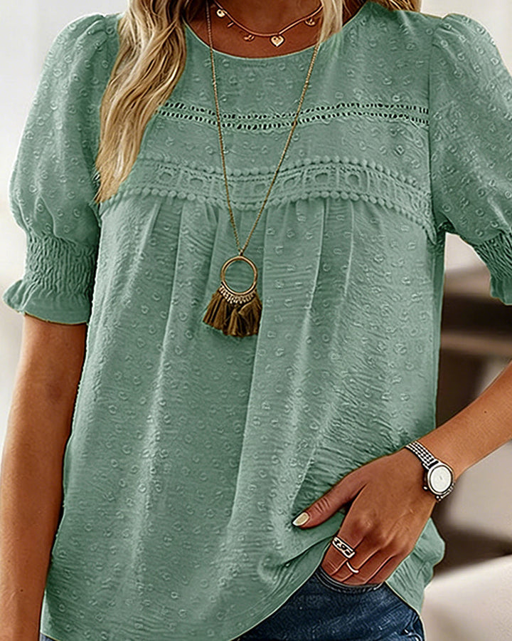 Puff Sleeve Hollow-out Lace Spliced 3D Jacquard Blouse Casual Shirred Cuffs Loose Fit Top