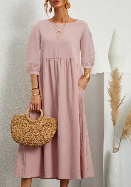 Elegant Solid Puff-Sleeve Pocket Maxi Dress