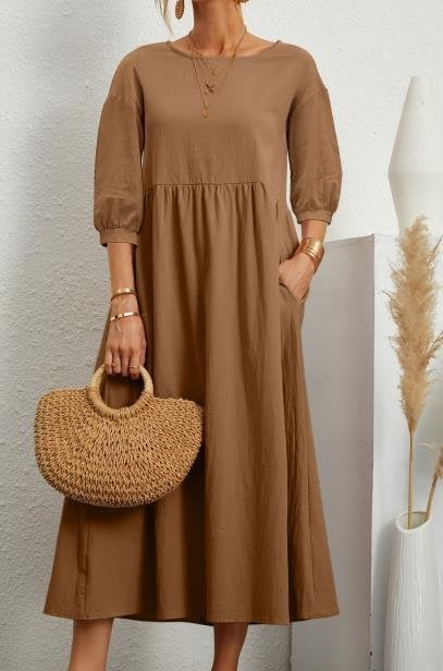 Elegant Solid Puff-Sleeve Pocket Maxi Dress