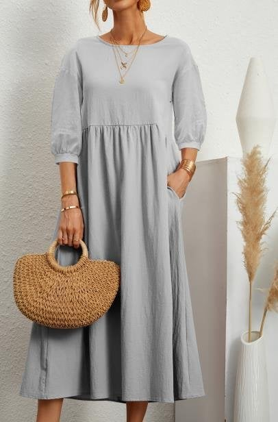 Elegant Solid Puff-Sleeve Pocket Maxi Dress