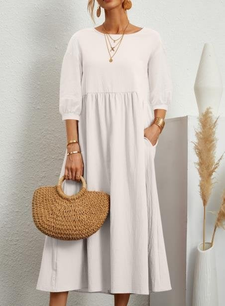 Elegant Solid Puff-Sleeve Pocket Maxi Dress