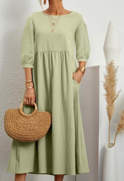 Elegant Solid Puff-Sleeve Pocket Maxi Dress