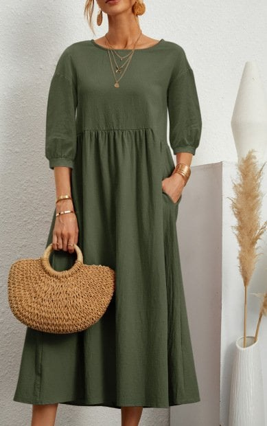 Elegant Solid Puff-Sleeve Pocket Maxi Dress