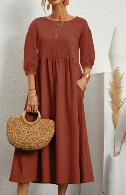 Elegant Solid Puff-Sleeve Pocket Maxi Dress