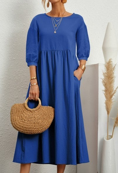 Elegant Solid Puff-Sleeve Pocket Maxi Dress