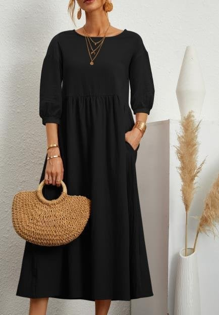 Elegant Solid Puff-Sleeve Pocket Maxi Dress