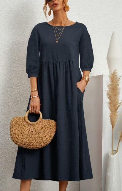 Elegant Solid Puff-Sleeve Pocket Maxi Dress