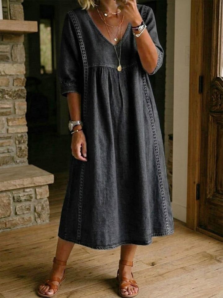 Women’s Lace Trim Denim Dress – Casual Loose Fit Vintage Denim Dress