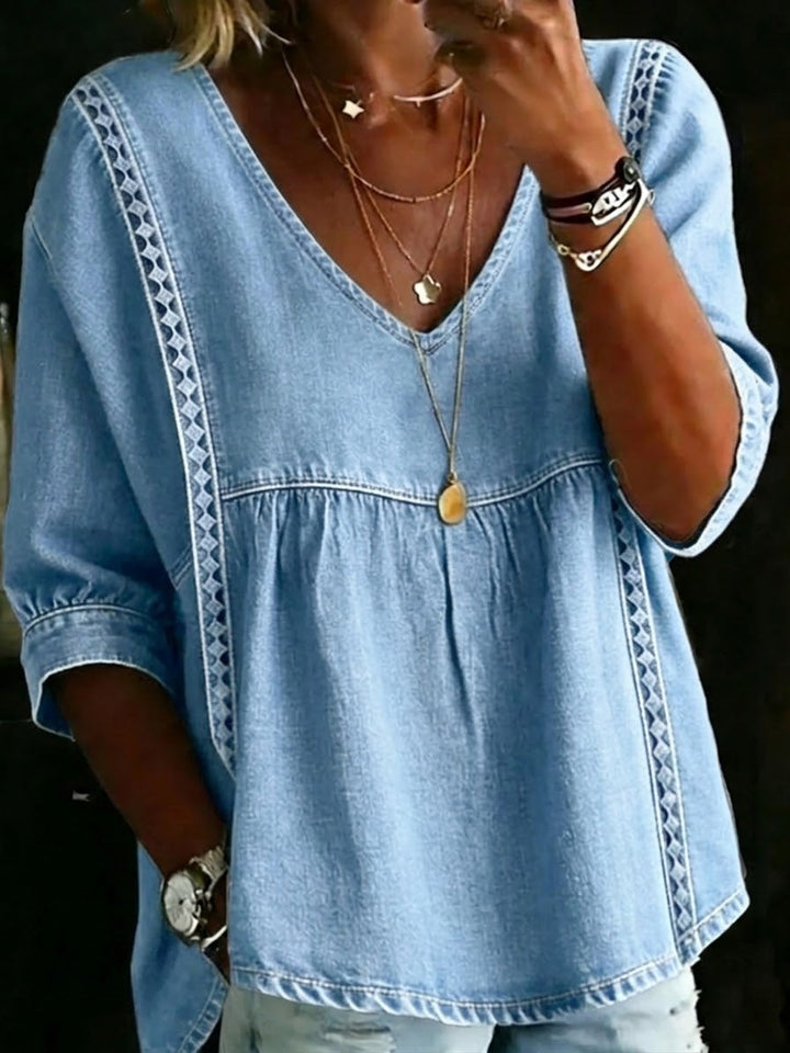 Casual Patchwork Lace Denim Top