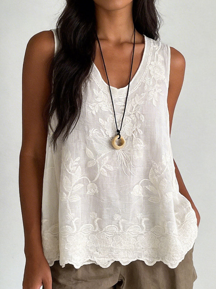Women’s Vintage Lace Cotton Linen Vest Top – Sleeveless Summer Boho Tank