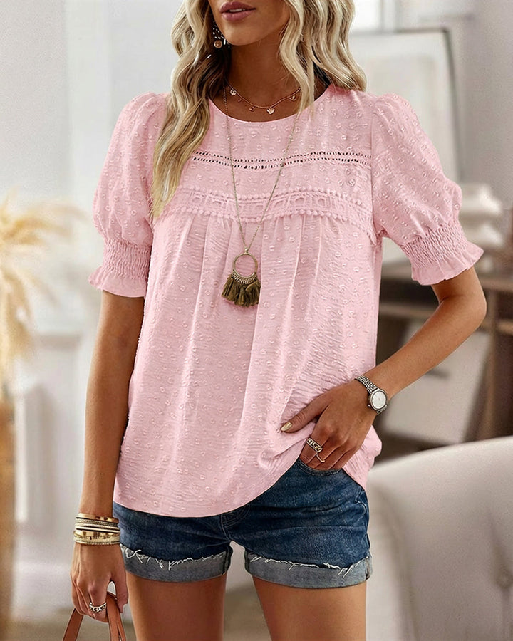 Puff Sleeve Hollow-out Lace Spliced 3D Jacquard Blouse Casual Shirred Cuffs Loose Fit Top
