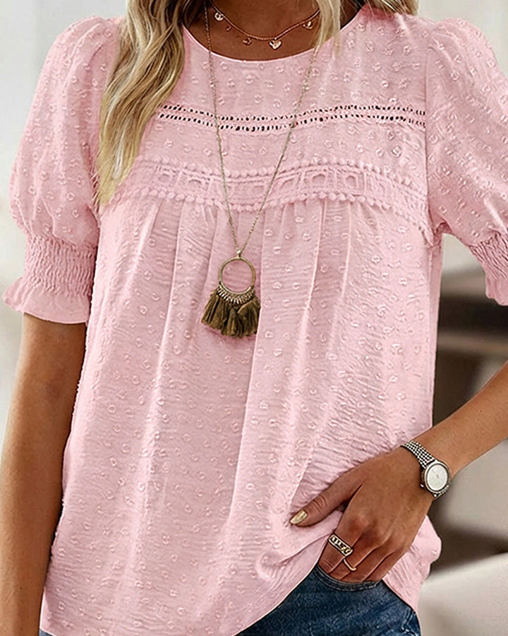 Puff Sleeve Hollow-out Lace Spliced 3D Jacquard Blouse Casual Shirred Cuffs Loose Fit Top